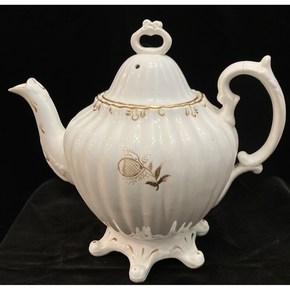 Antique Staffordshire England 6 Footed Porcelain & Stoneware Teapot White Gold